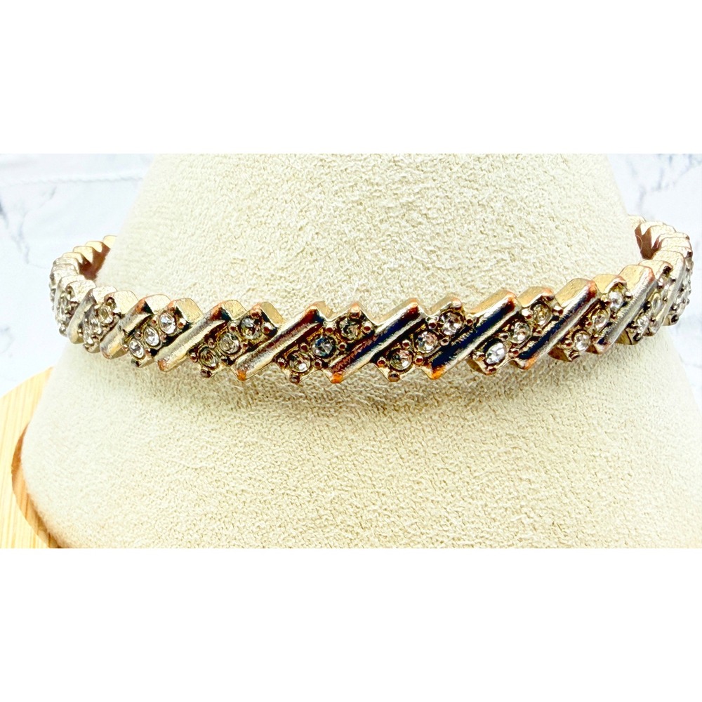 Gold Tone Rhinestone Zigzag Bangle Bracelet 8.75 Inch x .25 Inch